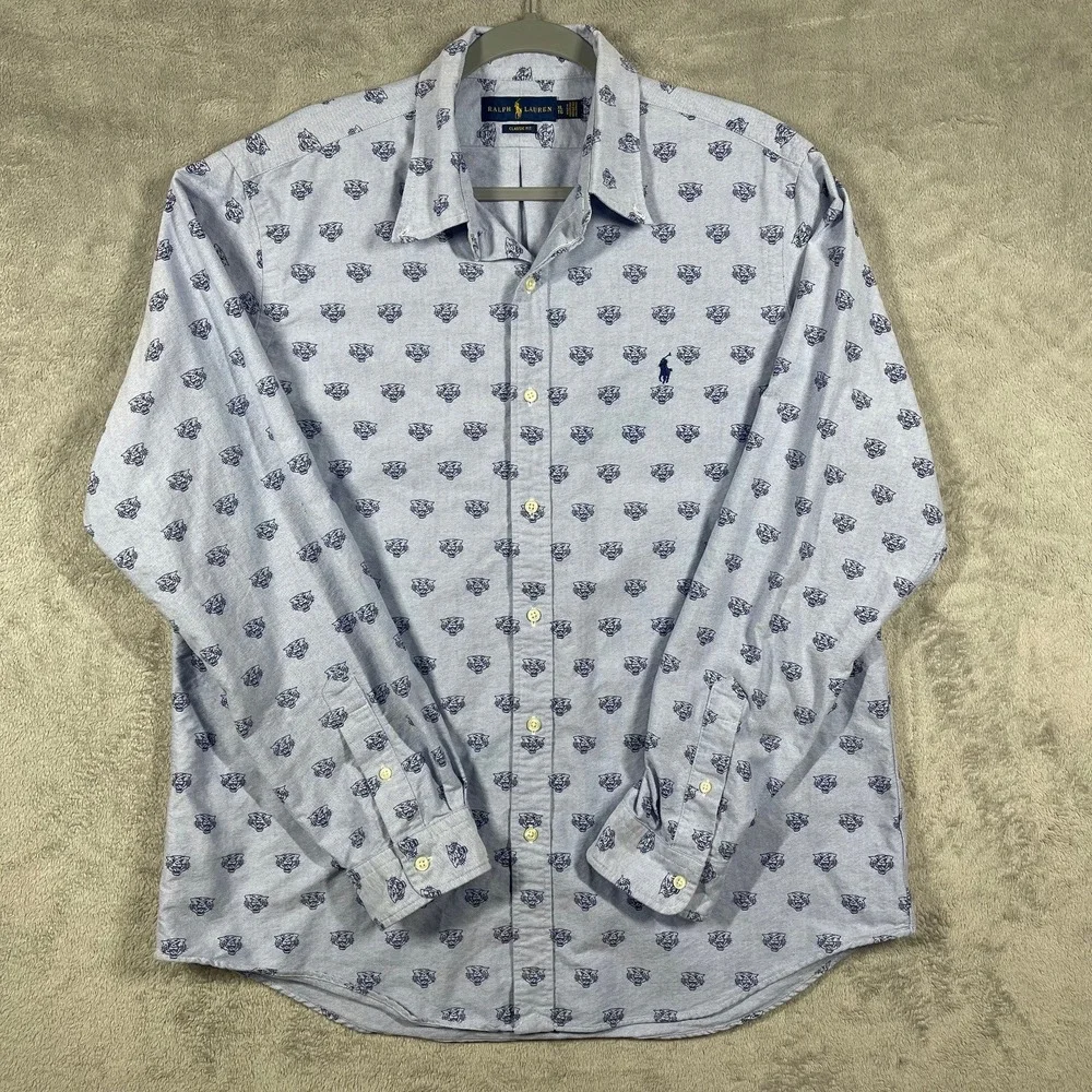 Ralph Lauren Button Down Shirt Mens XL Blue Tiger Head Embroidered Oxford‎